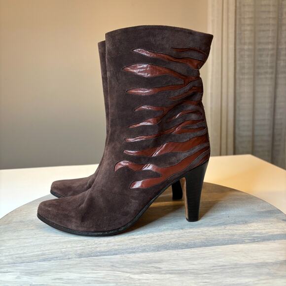 Andrea Pfister Vintage Italy Brown Suede Leather Cutout Flame Boots 38 US 8 - Picture 2 of 9